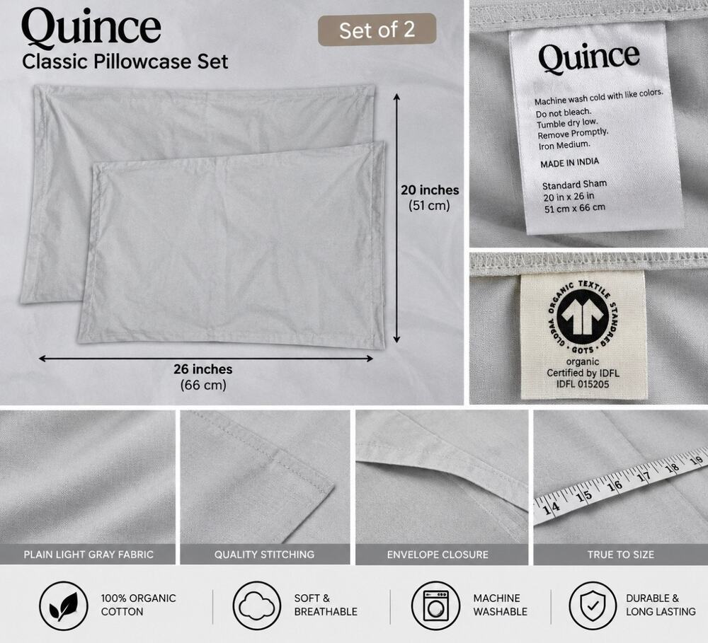 Quince 100% Linen Pillow Shams Set of 2 Standard 20x26 Light Gray Bedding NWOT